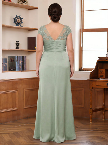 Robe de la mère de la mariée grande taille sirène en mousseline, col rond, manches courtes et appliqués