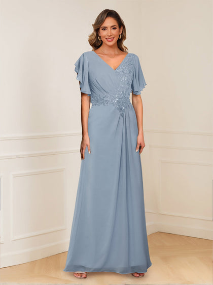Robe de Mère de la Mariée Coupe A-Line/Princesse, Col en V, Manches Courtes, Appliques, Froncée