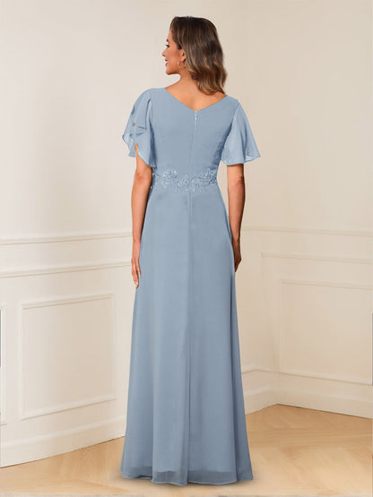 Robe de Mère de la Mariée Coupe A-Line/Princesse, Col en V, Manches Courtes, Appliques, Froncée