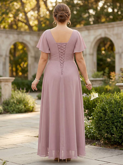 Robe de Demoiselle d'Honneur Grande Taille A-Ligne Asymétrique en Mousseline, Col en V à Manches Courtes avec Volants et Fronces
