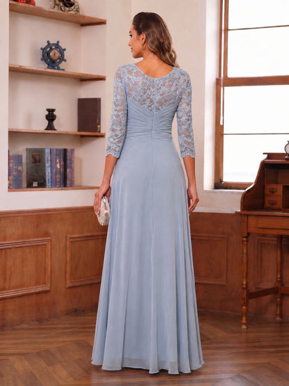 Robe Mère de la Mariée Ligne A/Princesse, Col Dégagé & Manches 3/4, avec Appliques & Fente Latérale