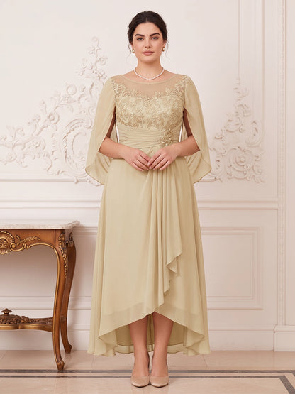 Robe Mère de la Mariée Grande Taille A-Ligne Asymétrique Col Rond avec Cape et Appliques