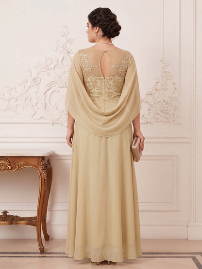 Robe Mère de la Mariée Grande Taille A-Ligne Asymétrique Col Rond avec Cape et Appliques