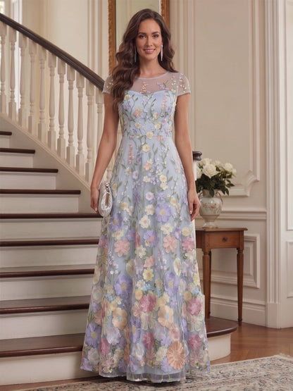 Robe Mère de la Mariée en Mousseline Fleurie Ligne A/Princesse, Col Dégagé, avec Appliques
