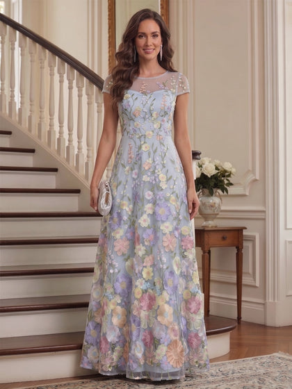 Ligne A/Princesse Scoop Manches Courtes Mousseline Florale Robes Mère de la Mariée avec Appliques