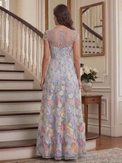 Robe Mère de la Mariée en Mousseline Fleurie Ligne A/Princesse, Col Dégagé, avec Appliques