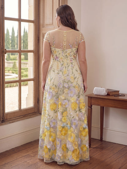 Robe Mère de la Mariée Grande Taille A-Ligne en Mousseline Florale, Col Rond à Manches Courtes avec Appliques