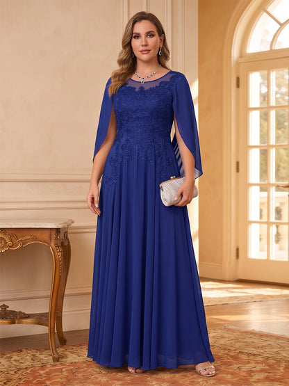 Robe en Mousseline de Mère de la Mariée Grande Taille Coupe A-Line/Princesse à Col Rond Illusion avec Appliques & Cape