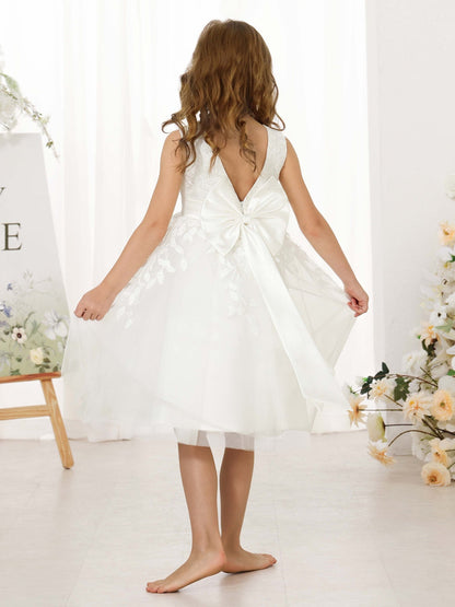 Robe Princesse en Dentelle sans Manches Col en V Longueur Au Genou pour Petite Fille d'Honneur