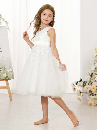 Robe Princesse en Dentelle sans Manches Col en V Longueur Au Genou pour Petite Fille d'Honneur