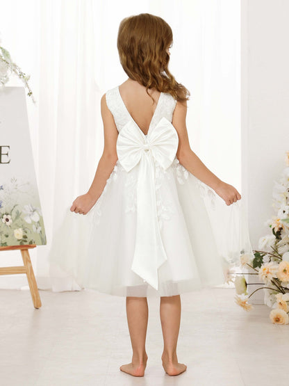 Robe Princesse en Dentelle sans Manches Col en V Longueur Au Genou pour Petite Fille d'Honneur
