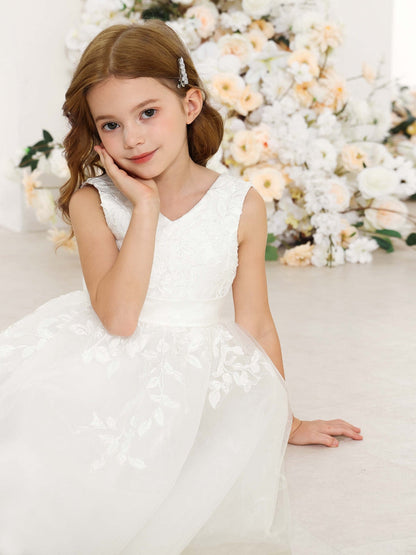Robe Princesse en Dentelle sans Manches Col en V Longueur Au Genou pour Petite Fille d'Honneur