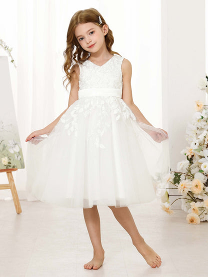 Robe Princesse en Dentelle sans Manches Col en V Longueur Au Genou pour Petite Fille d'Honneur