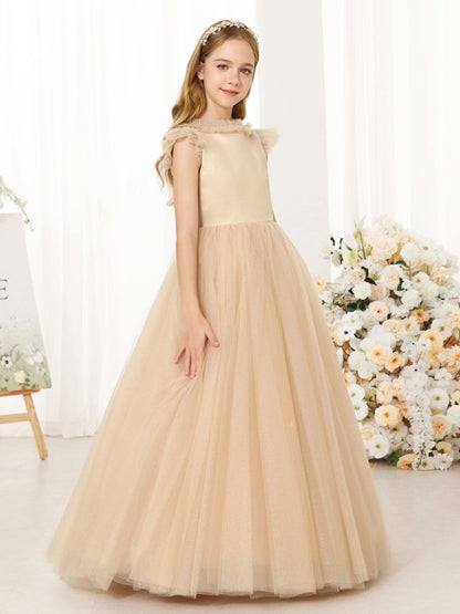Robe Princesse en Tulle sans Manches Col Rond Longueur Au Sol pour Petite Fille d'Honneur
