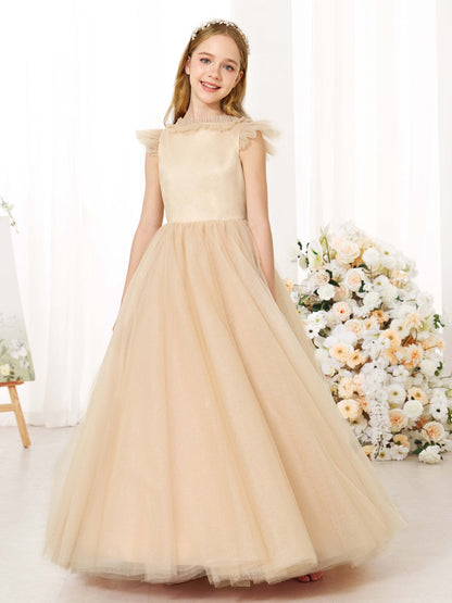 Robe Princesse en Tulle sans Manches Col Rond Longueur Au Sol pour Petite Fille d'Honneur