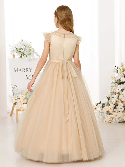 Robe Princesse en Tulle sans Manches Col Rond Longueur Au Sol pour Petite Fille d'Honneur