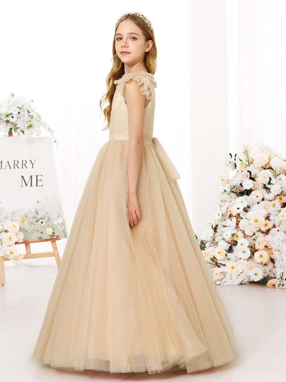 Robe Princesse en Tulle sans Manches Col Rond Longueur Au Sol pour Petite Fille d'Honneur