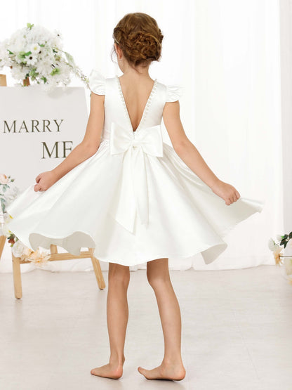 Robe Princesse en Satin Col Rond Manches Courtes Mini Robe pour Petite Fille d'Honneur