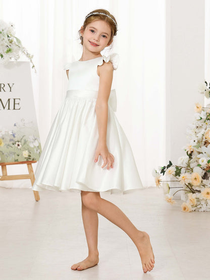 Robe Princesse en Satin Col Rond Manches Courtes Mini Robe pour Petite Fille d'Honneur