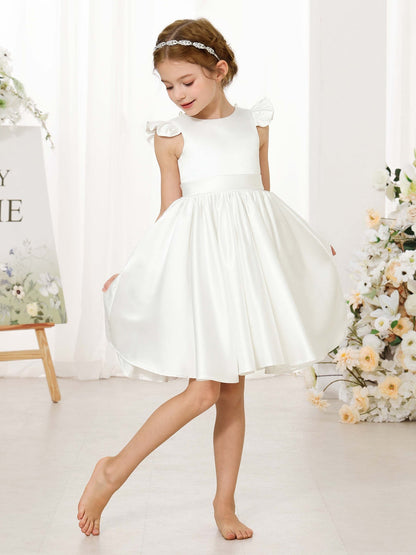 Robe Princesse en Satin Col Rond Manches Courtes Mini Robe pour Petite Fille d'Honneur