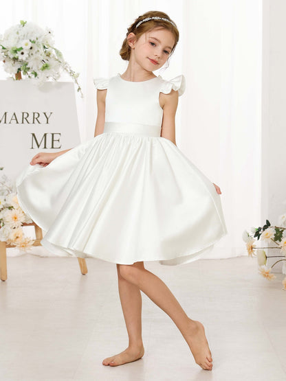 Robe Princesse en Satin Col Rond Manches Courtes Mini Robe pour Petite Fille d'Honneur