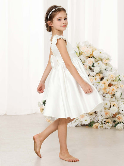 Robe Princesse en Satin Col Rond Manches Courtes Mini Robe pour Petite Fille d'Honneur