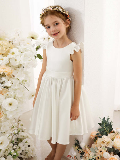 Robe Princesse en Satin Col Rond Manches Courtes Mini Robe pour Petite Fille d'Honneur