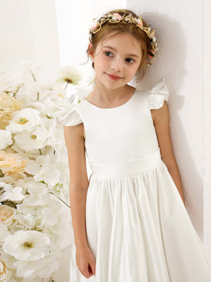Robe Princesse en Satin Col Rond Manches Courtes Mini Robe pour Petite Fille d'Honneur