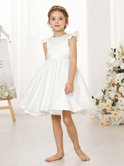 Robe Princesse en Satin Col Rond Manches Courtes Mini Robe pour Petite Fille d'Honneur