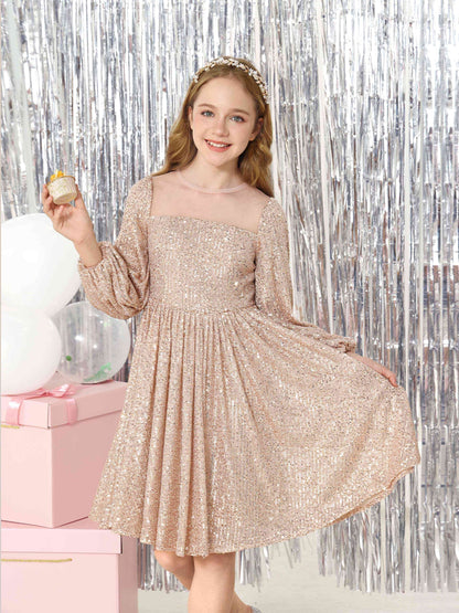 Robe Princesse en Satin Col Rond Manches Longues Mini Robe pour Petite Fille d'Honneur avec Sequins