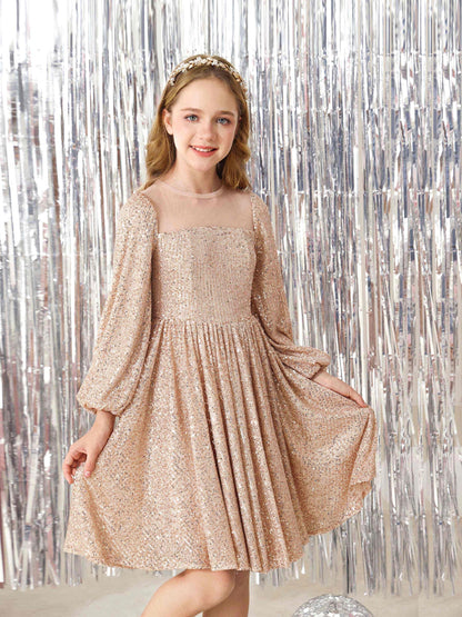 Robe Princesse en Satin Col Rond Manches Longues Mini Robe pour Petite Fille d'Honneur avec Sequins