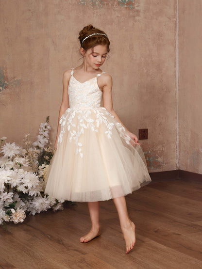 Robe Princesse en Tulle sans Manches Col en V Longueur Au Genou pour Petite Fille d'Honneur
