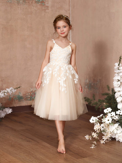 Robe Princesse en Tulle sans Manches Col en V Longueur Au Genou pour Petite Fille d'Honneur
