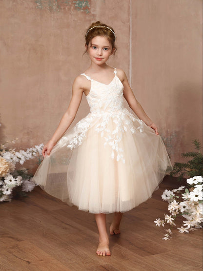 Robe Princesse en Tulle sans Manches Col en V Longueur Au Genou pour Petite Fille d'Honneur