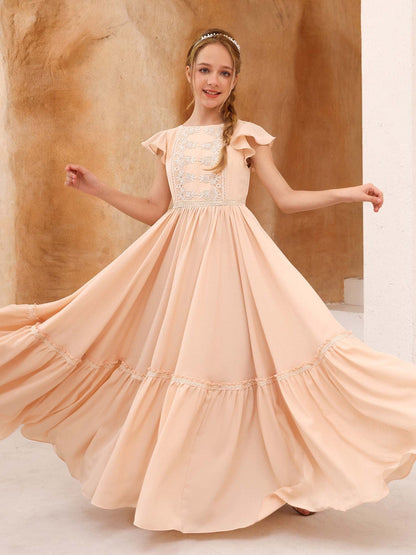 Robe Princesse Manches Courtes Col Rond Longueur Au Sol pour Petite Fille d'Honneur