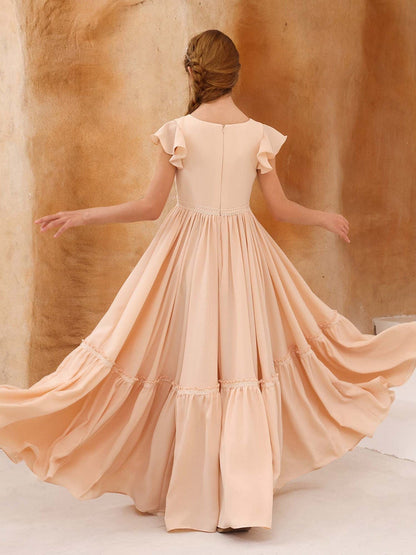 Robe Princesse Manches Courtes Col Rond Longueur Au Sol pour Petite Fille d'Honneur