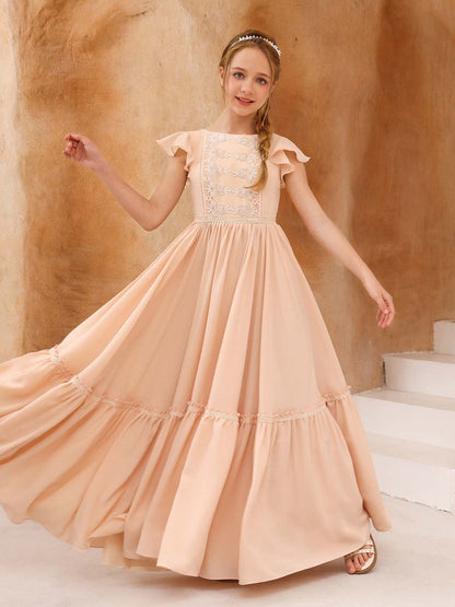 Robe Princesse Manches Courtes Col Rond Longueur Au Sol pour Petite Fille d'Honneur