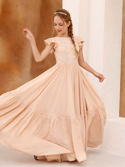 Robe Princesse Manches Courtes Col Rond Longueur Au Sol pour Petite Fille d'Honneur