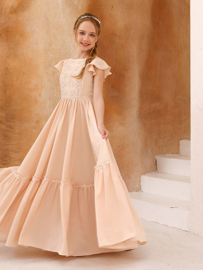 Robe Princesse Manches Courtes Col Rond Longueur Au Sol pour Petite Fille d'Honneur