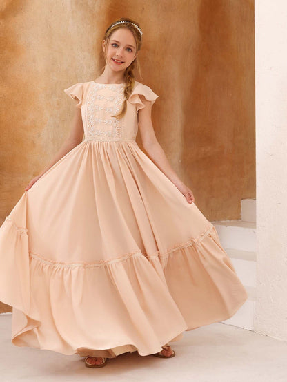 Robe Princesse Manches Courtes Col Rond Longueur Au Sol pour Petite Fille d'Honneur