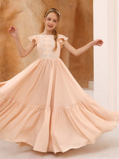Robe Princesse Manches Courtes Col Rond Longueur Au Sol pour Petite Fille d'Honneur