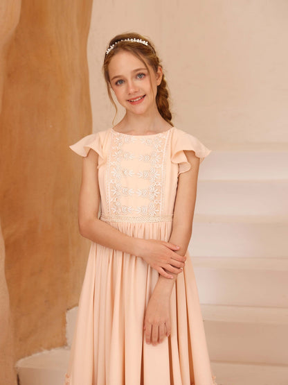 Robe Princesse Manches Courtes Col Rond Longueur Au Sol pour Petite Fille d'Honneur