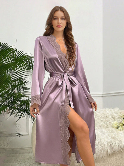 Robes de Mariée Longues en Satin de Soie Sexy avec Bordure en Dentelle