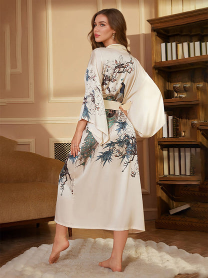 Robes en Satin de Soie Peintes à la Main avec Motif Paon pour Femmes