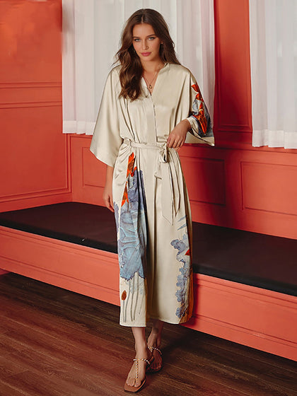 Robes Longues en Satin à Longueur de Thé avec Lotus Peint à la Main pour Femmes