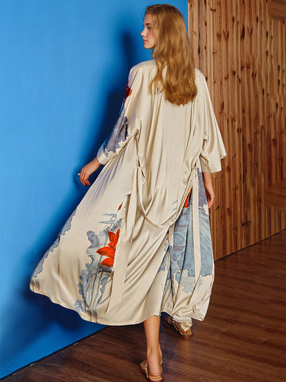 Robes Longues en Satin à Longueur de Thé avec Lotus Peint à la Main pour Femmes