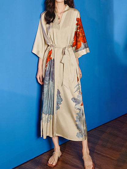 Robes Longues en Satin à Longueur de Thé avec Lotus Peint à la Main pour Femmes