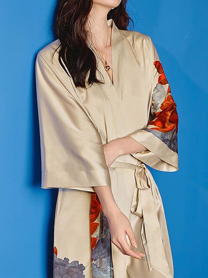 Robes Longues en Satin à Longueur de Thé avec Lotus Peint à la Main pour Femmes