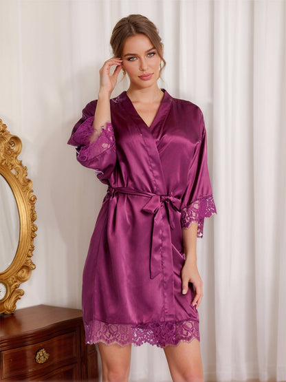 Robes de Mariée Courtes/Mini en Satin de Soie de Couleur Unie avec Bordure en Dentelle