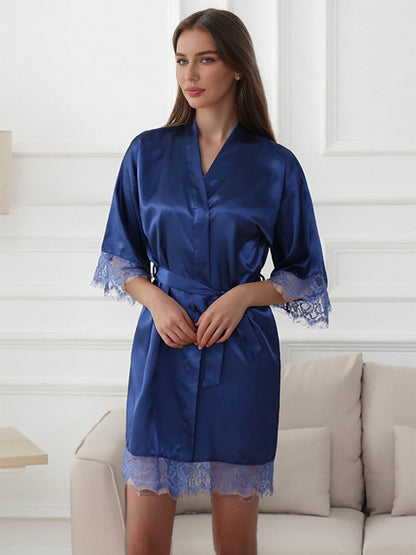 Robes de Mariée Courtes/Mini en Satin de Soie de Couleur Unie avec Bordure en Dentelle